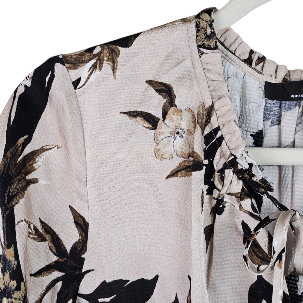 White House Black Market Floral Tie Neck Long‎ Sleeve Smocked Blouse Size S - Picture 2 of 10